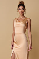 Load image into Gallery viewer, Champagne Sheath Scoop Neck Satin Long Bridesmaid Dress with Slit