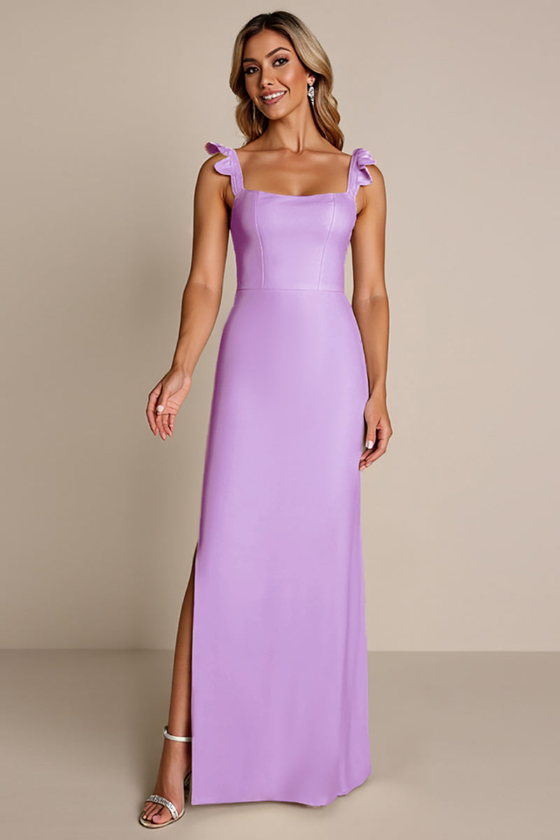 Load image into Gallery viewer, Lilac Sheath Satin Square Neck Long Bridesmaid Dress with Slit