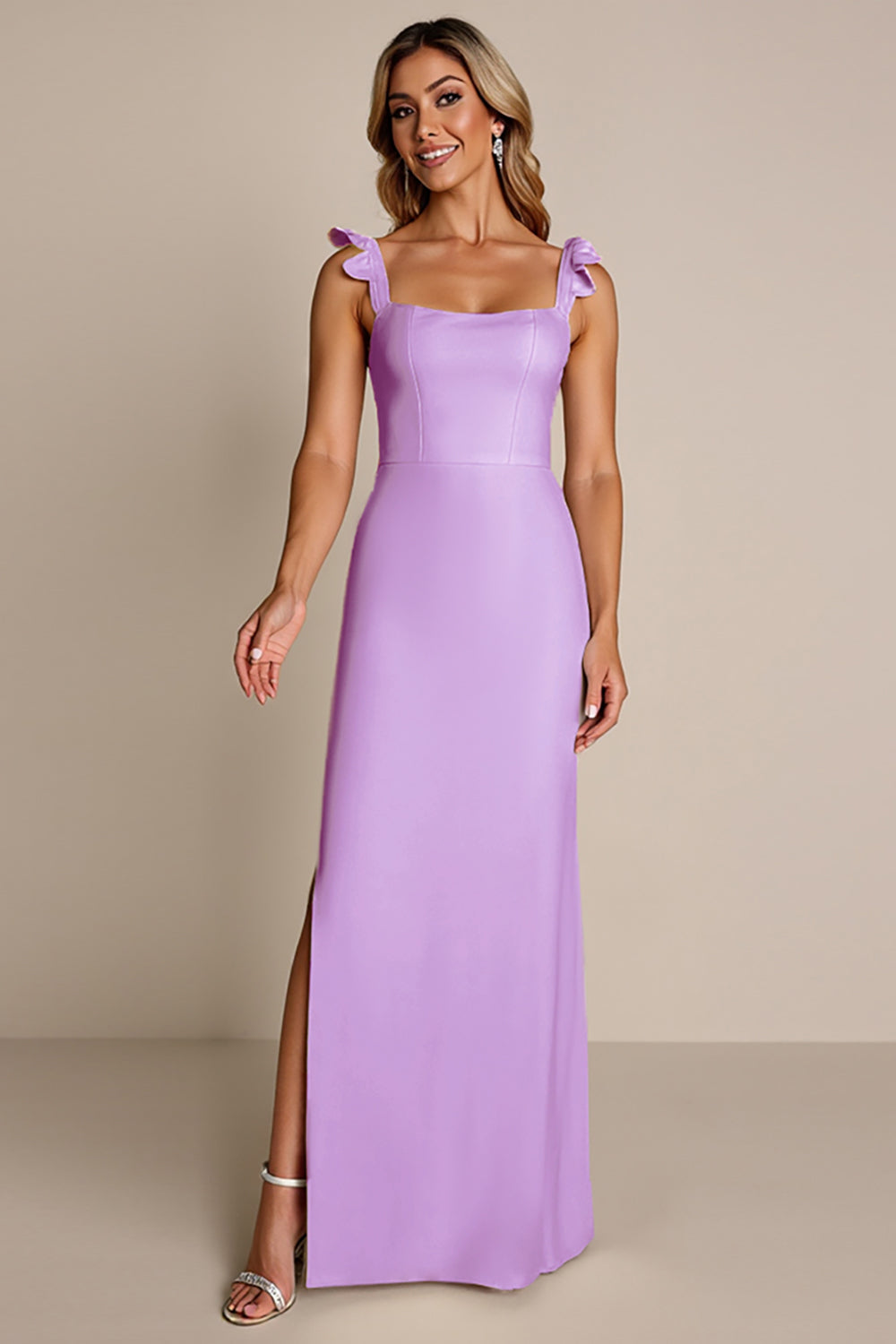 Lilac Sheath Satin Square Neck Long Bridesmaid Dress with Slit
