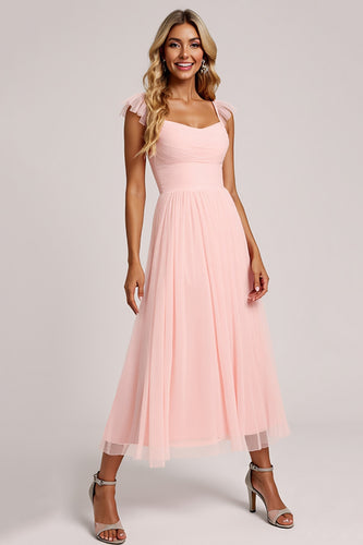 Blush A Line Square Neck Tulle Long Bridesmaid Dress