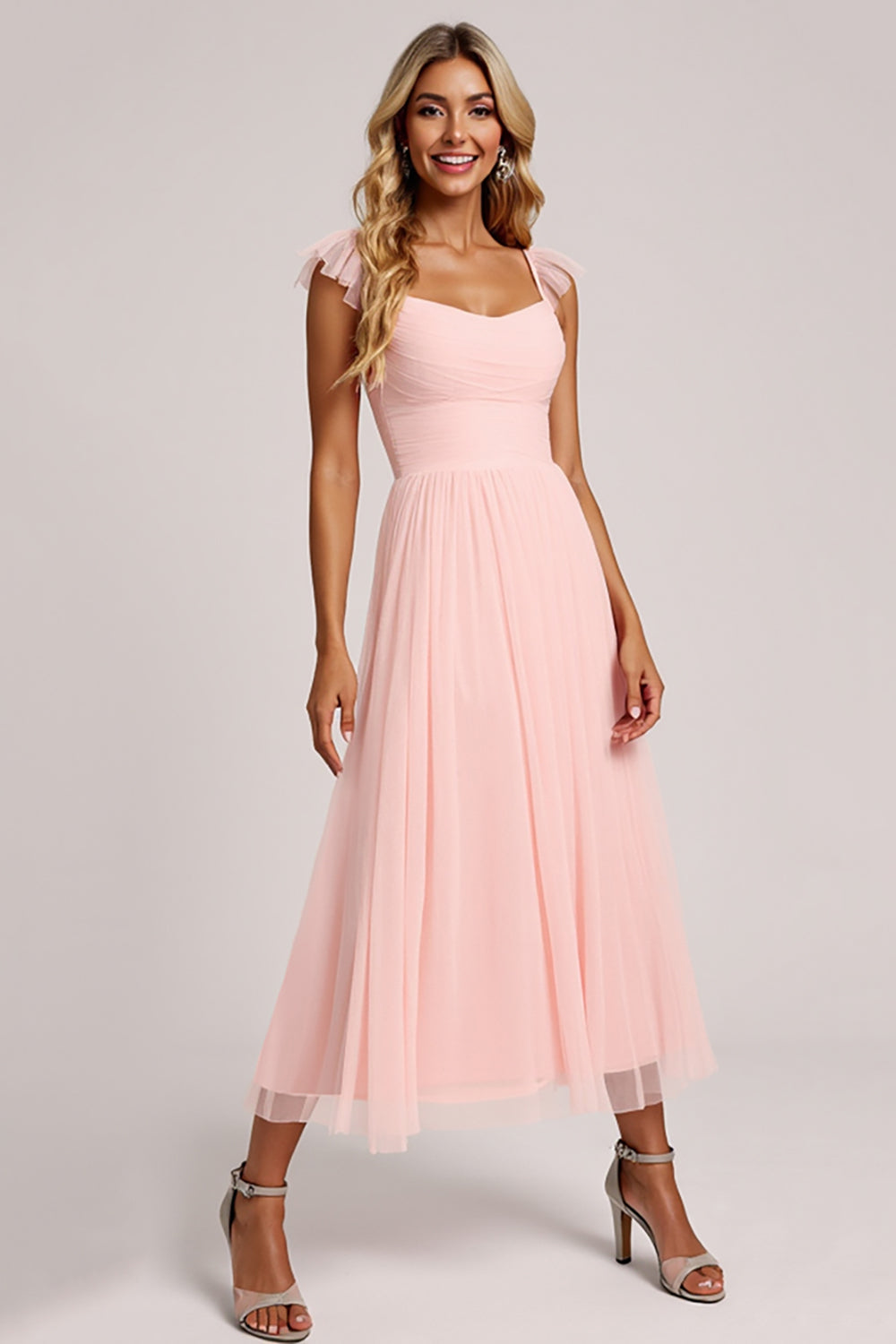 Blush A Line Square Neck Tulle Long Bridesmaid Dress