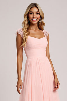 Blush A Line Square Neck Tulle Long Bridesmaid Dress