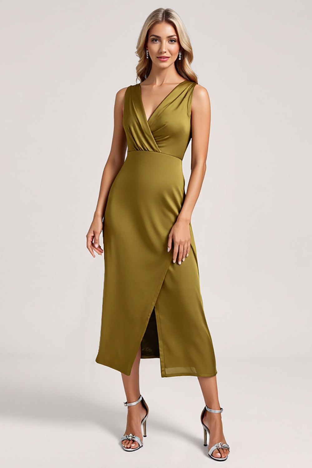 Olive Sheath Satin Ruched V-Neck Long Bridesmaid Dress with Slit