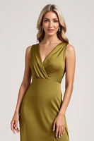Load image into Gallery viewer, Olive Sheath Satin Ruched V-Neck Long Bridesmaid Dress with Slit