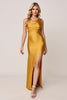Load image into Gallery viewer, Gold Sheath One Shoulder Satin Ruched Long Bridesmaid Dress with Slit