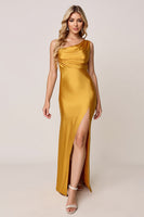 Load image into Gallery viewer, Gold Sheath One Shoulder Satin Ruched Long Bridesmaid Dress with Slit