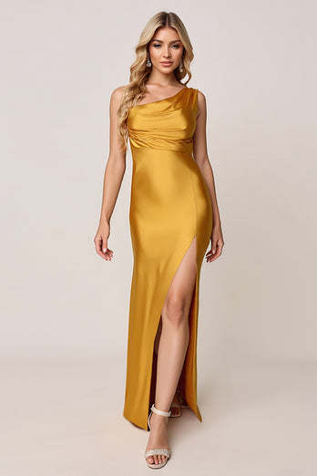 Gold Sheath One Shoulder Satin Ruched Long Bridesmaid Dress with Slit