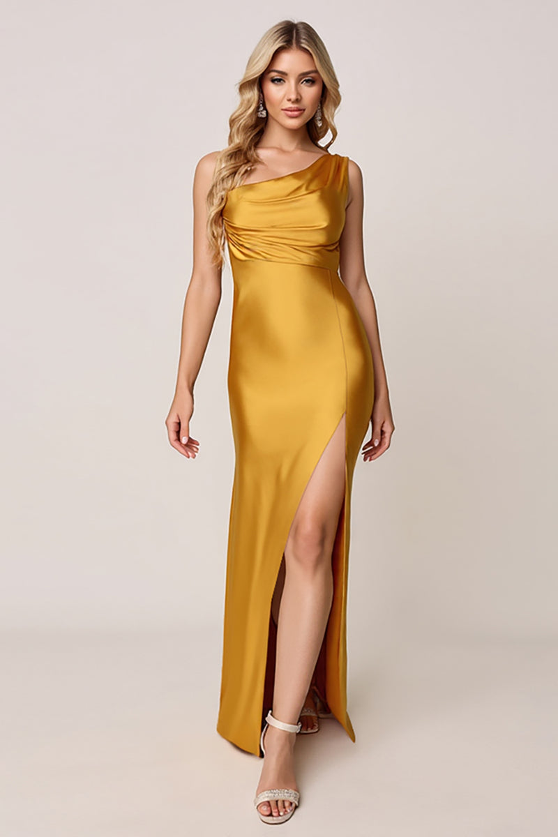 Load image into Gallery viewer, Gold Sheath One Shoulder Satin Ruched Long Bridesmaid Dress with Slit