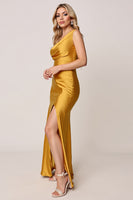 Load image into Gallery viewer, Gold Sheath One Shoulder Satin Ruched Long Bridesmaid Dress with Slit