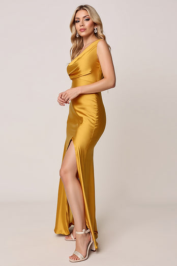 Gold Sheath One Shoulder Satin Ruched Long Bridesmaid Dress with Slit