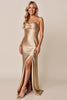 Load image into Gallery viewer, Gold Sheath Spaghetti Straps Satin Long Bridesmaid Dress with Slit