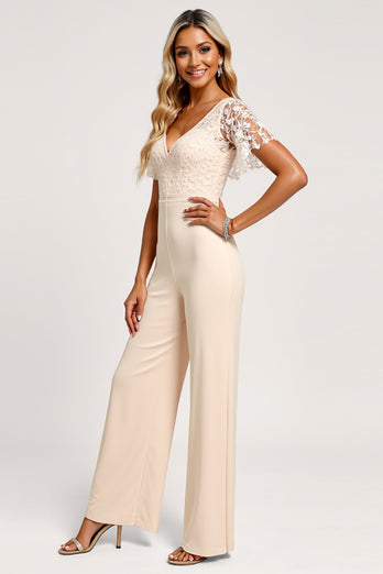 Apricot Satin V-Neck Long Bridesmaid Jumpsuit with Lace Appliques
