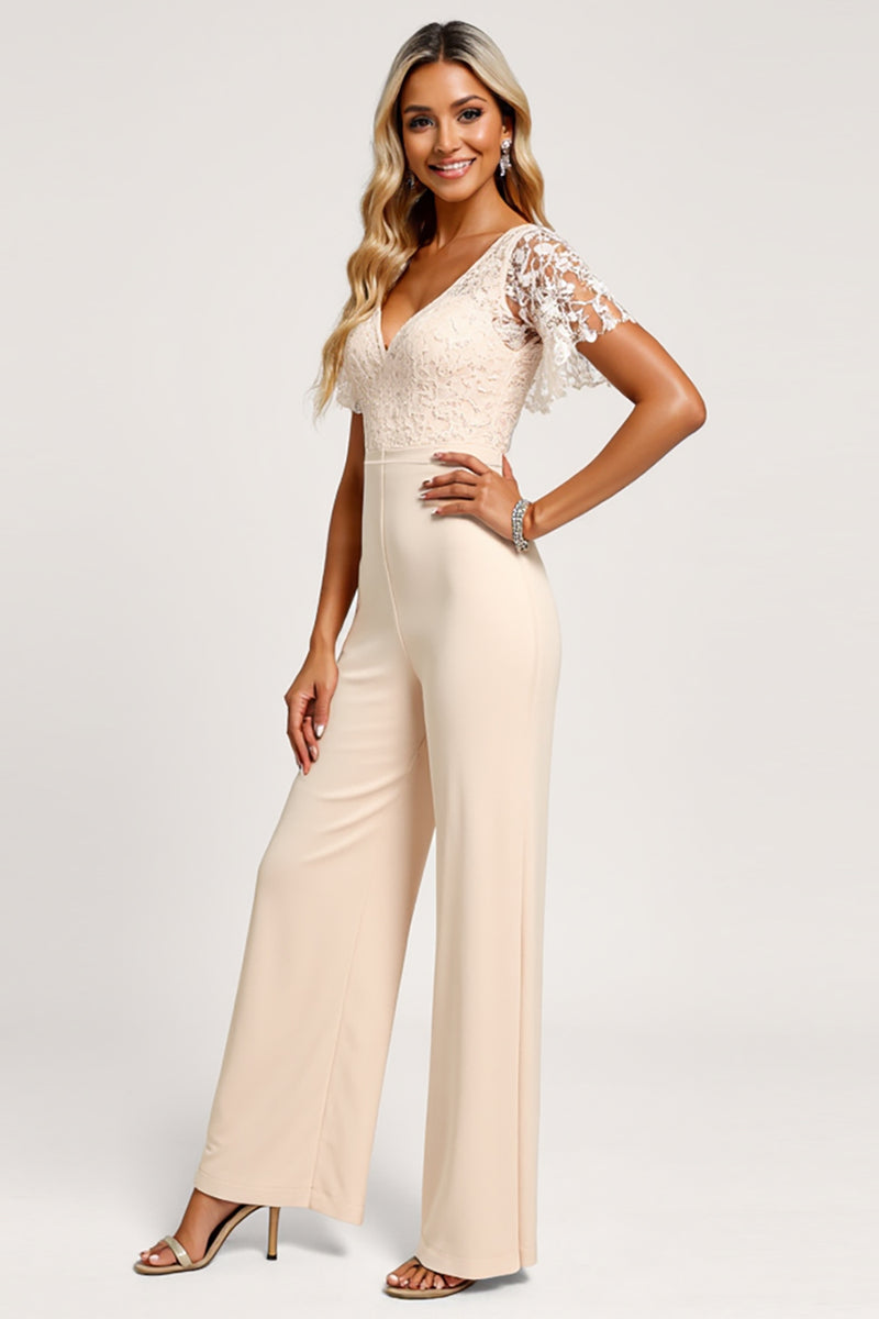 Load image into Gallery viewer, Apricot Satin V-Neck Long Bridesmaid Jumpsuit with Lace Appliques