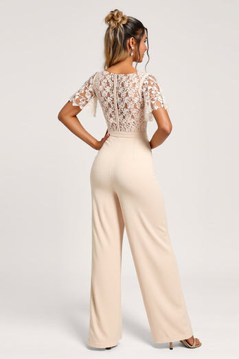 Apricot Satin V-Neck Long Bridesmaid Jumpsuit with Lace Appliques