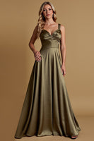 Load image into Gallery viewer, Olive A Line Satin Ruched Spaghetti Straps Long Bridesmaid Dress