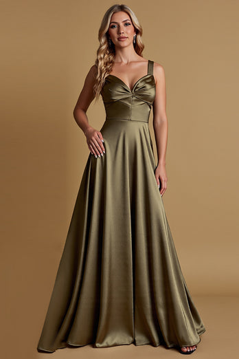 Olive A Line Satin Ruched Spaghetti Straps Long Bridesmaid Dress