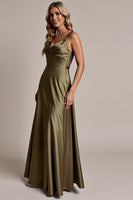 Load image into Gallery viewer, Olive A Line Satin Ruched Spaghetti Straps Long Bridesmaid Dress