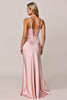 Load image into Gallery viewer, Blush Sheath Satin Spaghetti Straps Long Bridesmaid Dress with Slit