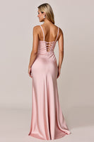 Load image into Gallery viewer, Blush Satin Sheath Spaghetti Straps Long Bridesmaid Dress with Slit