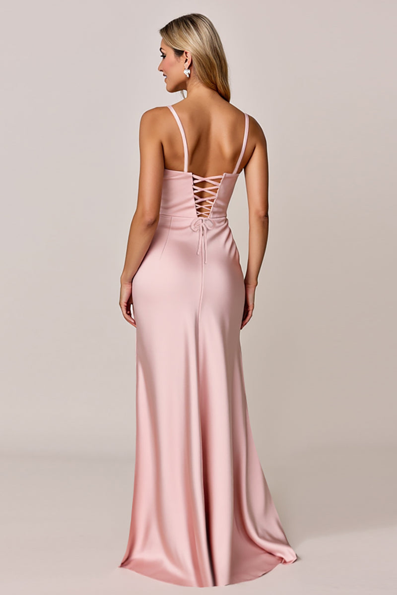 Load image into Gallery viewer, Blush Sheath Satin Spaghetti Straps Long Bridesmaid Dress with Slit