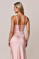 Load image into Gallery viewer, Blush Satin Sheath Spaghetti Straps Long Bridesmaid Dress with Slit