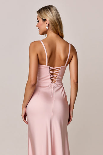 Blush Sheath Satin Spaghetti Straps Long Bridesmaid Dress with Slit