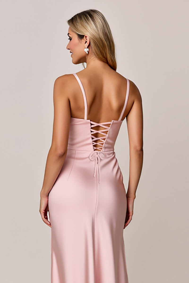 Load image into Gallery viewer, Blush Sheath Satin Spaghetti Straps Long Bridesmaid Dress with Slit