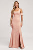 Load image into Gallery viewer, Blush Mermaid Satin Square Neck Long Bridesmaid Dress with Slit