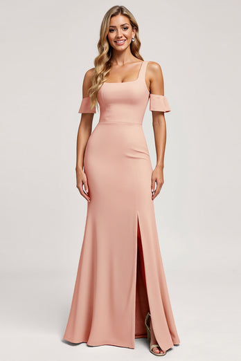 Blush Mermaid Satin Square Neck Long Bridesmaid Dress with Slit