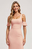 Load image into Gallery viewer, Blush Mermaid Satin Square Neck Long Bridesmaid Dress with Slit