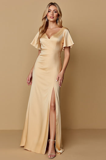 Champagne Sheath V-Neck Satin Long Bridesmaid Dress with Slit