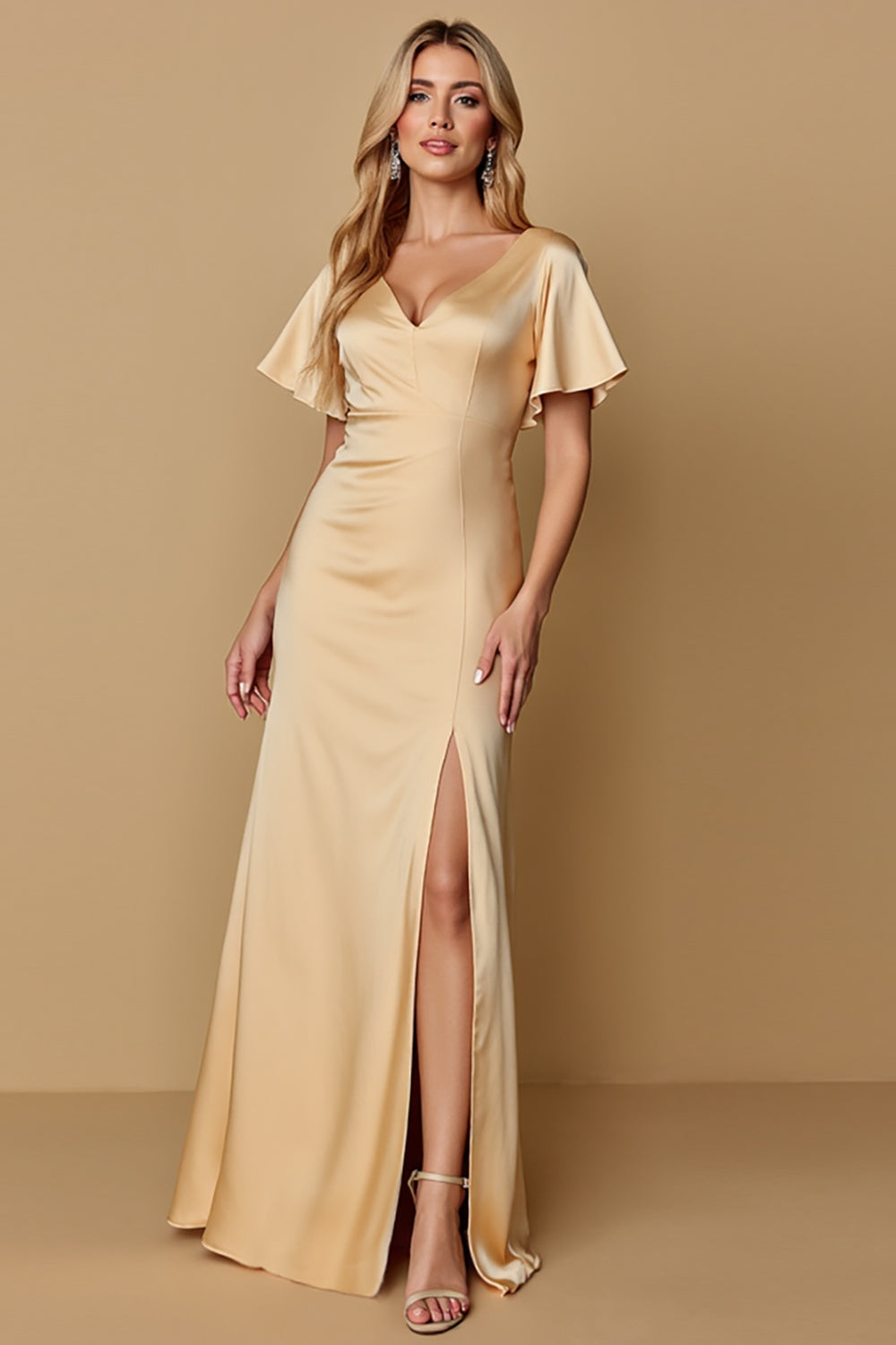 Champagne Sheath V-Neck Satin Long Bridesmaid Dress with Slit