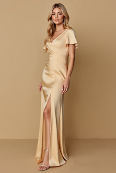 Champagne Sheath V-Neck Satin Long Bridesmaid Dress with Slit