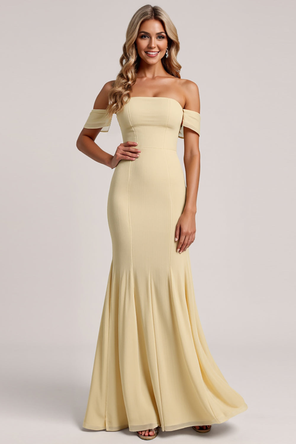 Daffodil Chiffon Off The Shoulder Mermaid Long Bridesmaid Dress