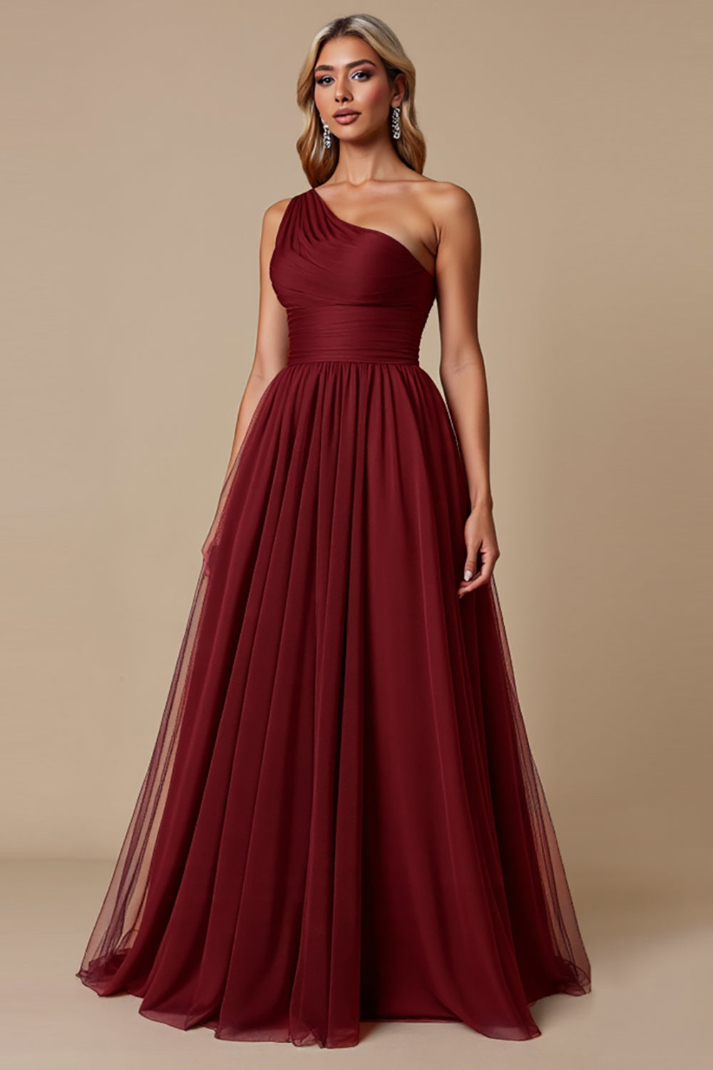 Cabernet A Line One Shoulder Tulle Long Bridesmaid Dress