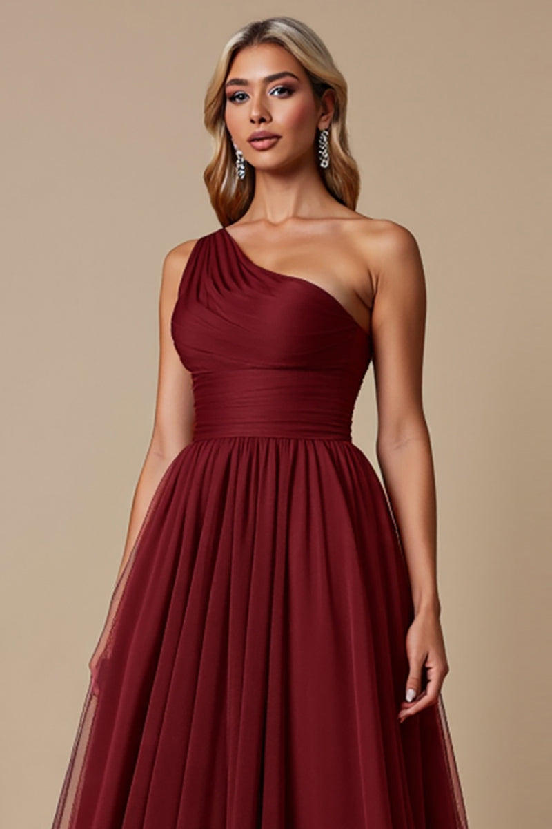 Load image into Gallery viewer, Cabernet A Line One Shoulder Tulle Long Bridesmaid Dress