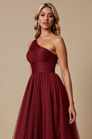 Load image into Gallery viewer, Cabernet A Line One Shoulder Tulle Long Bridesmaid Dress