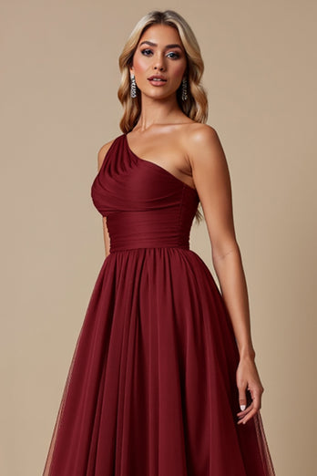 Cabernet A Line One Shoulder Tulle Long Bridesmaid Dress