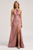 Load image into Gallery viewer, Dust Rose A Line Satin Halter Long Bridesmaid Dress with Slit