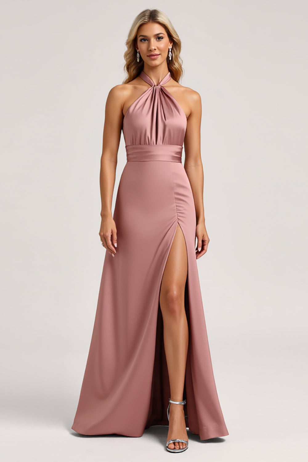 Dust Rose A Line Satin Halter Long Bridesmaid Dress with Slit