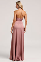 Load image into Gallery viewer, Dust Rose A Line Satin Halter Long Bridesmaid Dress with Slit