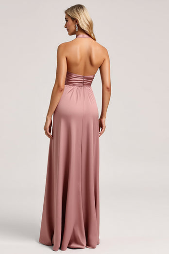 Dust Rose A Line Satin Halter Long Bridesmaid Dress with Slit