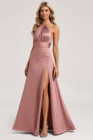 Load image into Gallery viewer, Dust Rose A Line Satin Halter Long Bridesmaid Dress with Slit