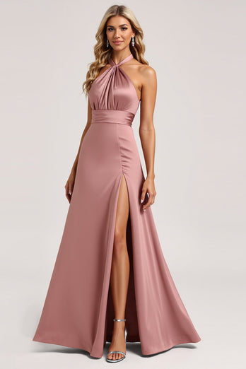 Dust Rose A Line Satin Halter Long Bridesmaid Dress with Slit
