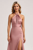 Load image into Gallery viewer, Dust Rose A Line Satin Halter Long Bridesmaid Dress with Slit