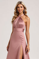 Load image into Gallery viewer, Dust Rose A Line Satin Halter Long Bridesmaid Dress with Slit