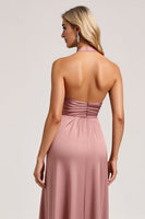 Load image into Gallery viewer, Dust Rose A Line Satin Halter Long Bridesmaid Dress with Slit