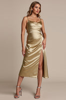 Load image into Gallery viewer, Gold Sheath Spaghetti Straps Satin Long Bridesmaid Dress with Slit