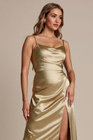 Load image into Gallery viewer, Gold Sheath Spaghetti Straps Satin Long Bridesmaid Dress with Slit