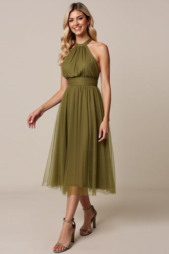 Olive A Line Pleated Halter Tulle Long Bridesmaid Dress